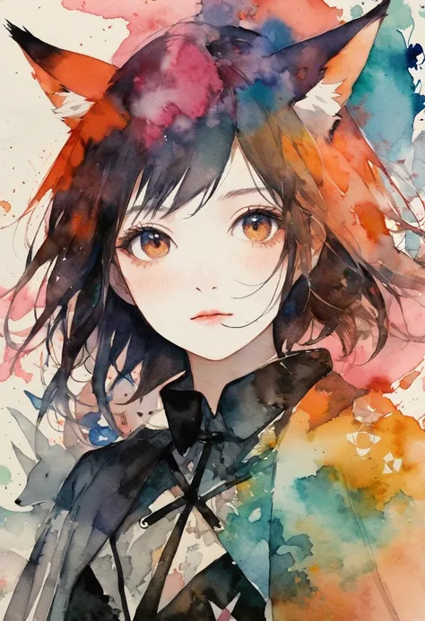 (masterpiece, best quality),(multiple exposure silhouette: 1.2),
watercolor print collage depicting,teen girl(fox ear),she is surrounded by foxes symbols,detailed face,wearing battle dress,witch,splash color, collage art, contemporary artistic collage,