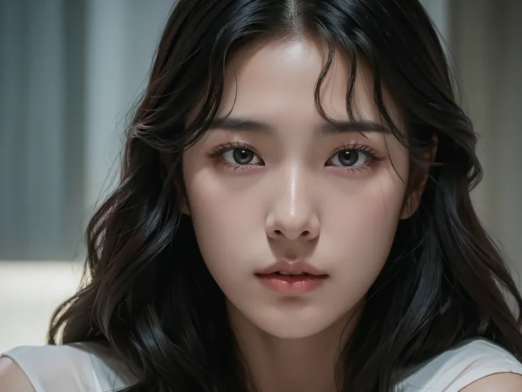 4k cinematic image, a young Korean man (black hair), holding the face and looking into the eyes of a Korean woman (long wavy hair), in the background modern luxurious mansion.