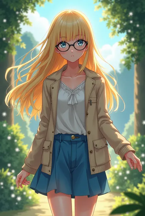 Anime walking woman blue eyes blonde hair long glasses 