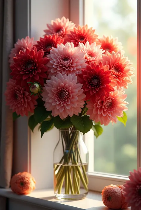 Draw dahlias, standing in a vase on the window. Colours: maroon, pink,red.