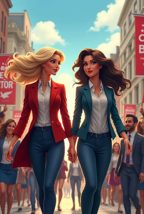 A straight blonde woman and a wavy brunette woman running for mayor 