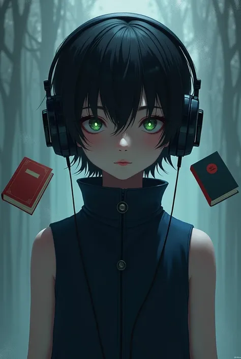 Boy,black head,faceless,wear headphones,behind there are two books flying high in the air,dark blue hair,front view,high collar,sleeveless,no buttons 