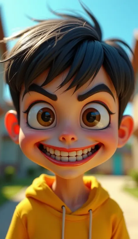 Close up The face of a seven-year-old boy talking while laughing, With an evil smile , dressed in yellow, In the background a neighborhood with houses, seen from a frontal position a close up,  bright and colorful colors, realistic with a 3d touch, high re...