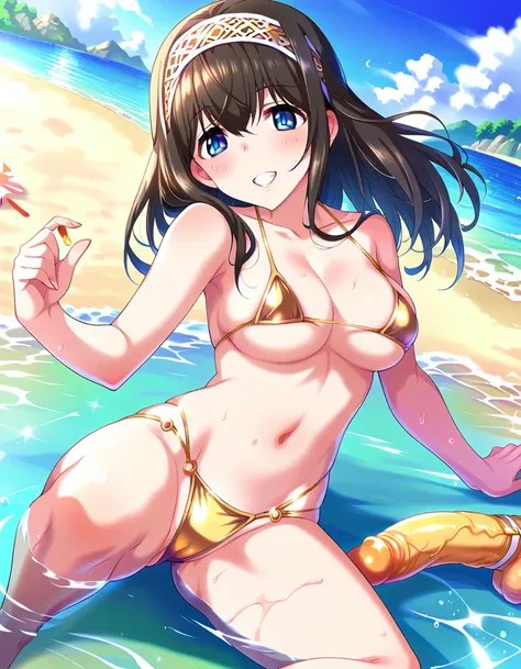 score_9, score_8_superior, score_7_superior, sauce_anime,
One girl, Cute Woman, alone, beach，In the water，(((Gold Micro Bikini，)))
 sgswfmk, Long Hair, Brown Hair, Black Hair, Long Bangs, (目のsuperiorの髪:1.1), blue eyes, Large Breasts, White hair band,Grin，S...