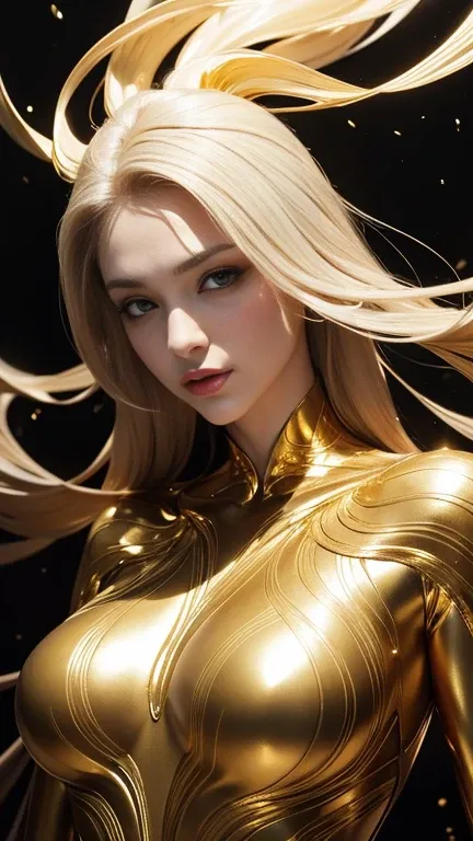 Surreal luxury color style, with hyperrealistic gold-white-black outlines morphing into fluid, dreamlike river stream patterns that seem to breathe and shift across her body. The embossing appears to pulse with a shiny, otherworldly glow, as if alive. The ...