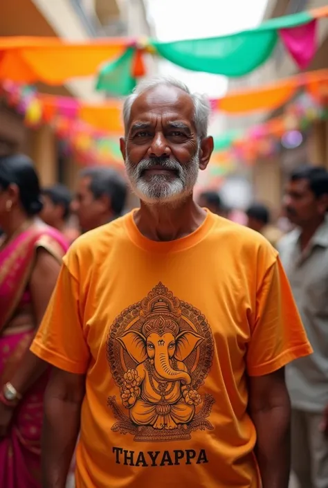 A gentle man celebrating lord Ganesh festival with the T-shirt along the name thayappa