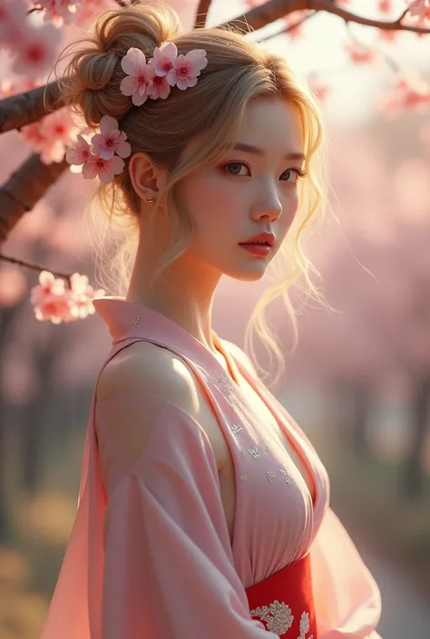 ((masterpiece, highest quality, Highest image quality, High resolution, Raw photo, 8K)), ((Extremely detailed CG unified 8k wallpaper)), White girl with golden hair, in a traditional japanese sexy revealing dress, posing under the cherry blossom tree, Hype...