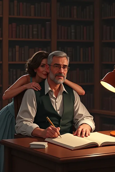 Writer sitting in his library and his wife comes up behind him and kisses him.