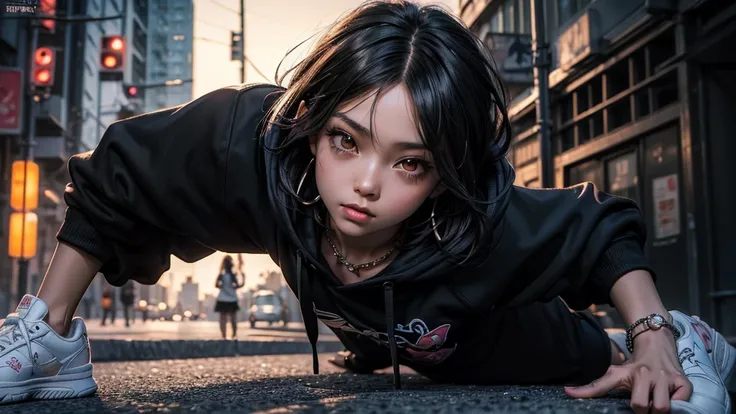 ((best quality)), ((masterpiece)), hip-hop portrait oil realistic of (a beautiful skinny  kawaii anime schoolgirl with long wavy short hair,hip-hop jewelry, slender legs in sneakers) in a (hip-hop black hoodies), (highly detailed face), ((centered)), smoot...