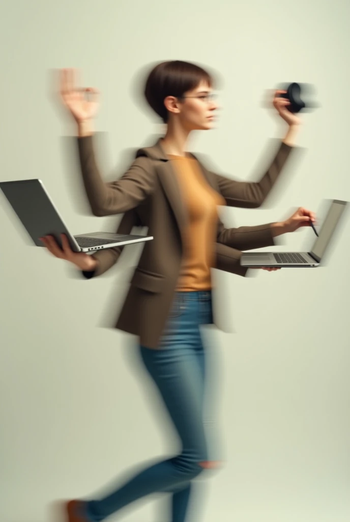 Title: "Multitasking Person in Action"

Description: Create an image of a person performing several tasks simultaneously, such as passing coffee, typing on a laptop, answering a phone, taking notes, etc. The person should appear to have multiple arms with ...