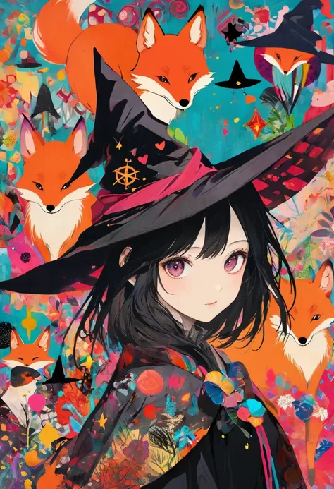 (masterpiece, best quality),(multiple exposure silhouette: 1.2),
print collage depicting,teen girl(fox ear),she is surrounded by foxes symbols,wearing battle dress,witch,splash color, collage art, contemporary artistic collage,