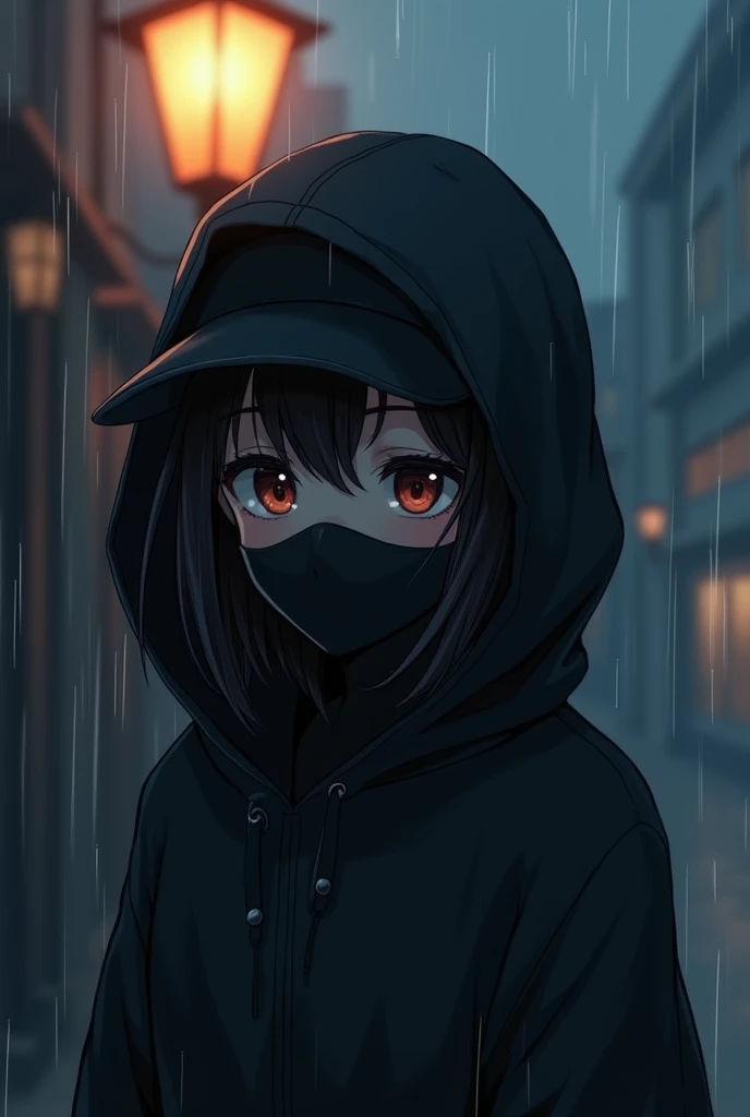 The shy Girl or introvert people who wearing the black hoodie under the raining. She look at the lamp. This girl wearing the black cap and the black mask. Just seen her eye only not her hair.



