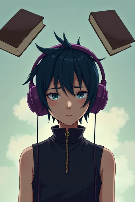 Boy,black head,absent,wearing purple headphones ,behind there are two books flying high in the air,dark blue hair,front view,high collar,sleeveless,no buttons 