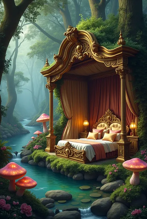 In a fantastic forest。Luxurious Baroque Bedroom。stream