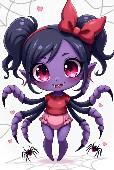 source_anime,source_furry,rating_safe,rating_questionable,masterpiece, best quality, perfect anatomy , very aesthetic , absurdres,solo,1girl(muffet,cute,chibi,monster girl,purple skin,humanoid, arachnid, anthro,(fangs),twin tails,hair bow,5 eyes,spider gir...