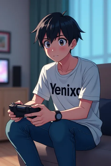 (photorealism:1.2), a anime guy who plays games wearing jeans and shirt having the name yenixo 