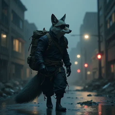 Arctic fox survivalist in black rags with backpack in black sunglasses, full length, rain, night, (dark atmosphere:1.5), epic, (ruined city:1.5), (desert relief:1.5), super realism