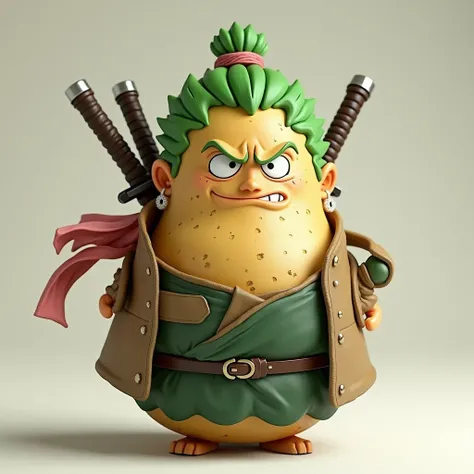 a potato looking like zoro from one piece anime. dressed up like zoro and just looking exact like him or resembling him but in a fat potato form.