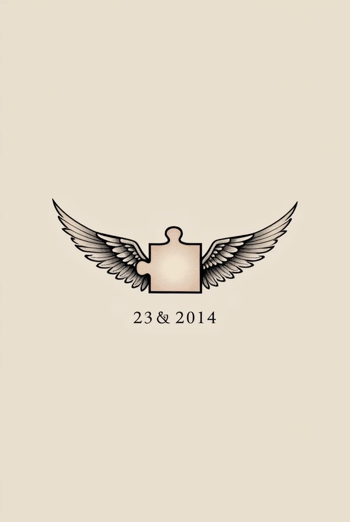 Create a small, minimalist tattoo of a puzzle piece with wings and the date 00/00/00 below 
