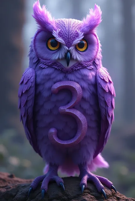 purple owl making the shape of the number three on its wing legs