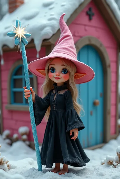 A little elf dressed as a witch with her black dress and pink hat, she carries in her hand a long blue candy cane with a white candy star that she supports when walking. She is outside her cabin, the cabin is colored candy pink and the ceiling is white, li...