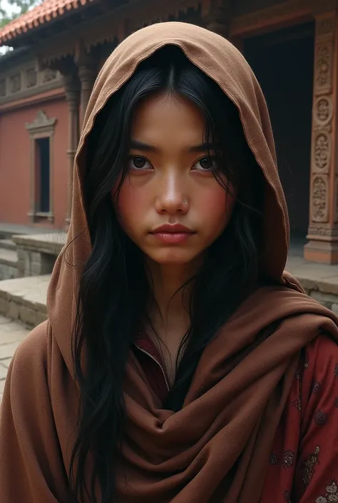 Nepali woman 28 years wearing muffler overhead with nepali temple background little darker theme