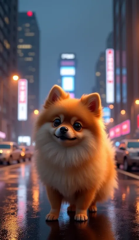 3d、Ultra HD、Side view、There is a shadow、Photorealistic、Pomeranian in the city at night、Facing forward