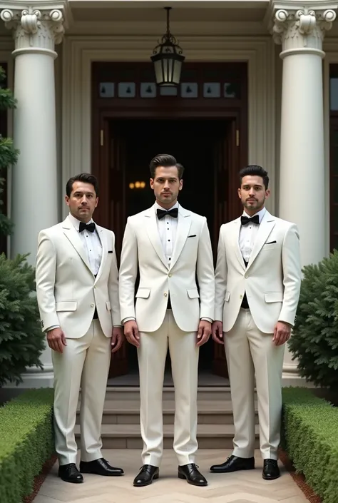 generates an image of three men dressed in white with black ties at the entrance of a house