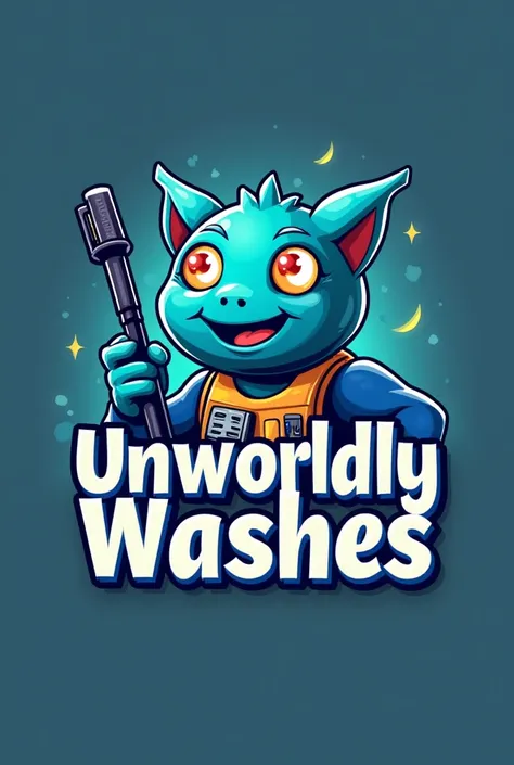 a business logo for a pressure washing business called "unworldly washes" holding a pressure washer