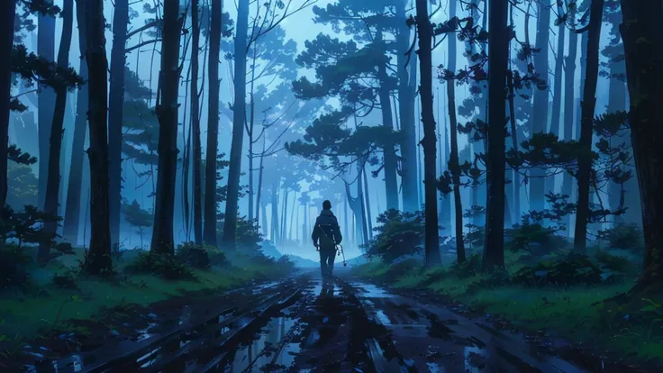 A man walking in a misty forest path, muddy path, silhouette against tall trees, blue twilight ambiance, gentle shadows, calm and introspective atmosphere, slight motion blur, deep depth of field, path reflecting light, overall serene and contemplative moo...