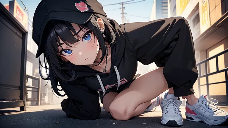 ((best quality)), ((masterpiece)), hip-hop portrait oil realistic of (a beautiful skinny  kawaii anime schoolgirl with long wavy short hair,hip-hop jewelry, slender legs in sneakers) in a (hip-hop black hoodies), (highly detailed face), ((centered)), smoot...