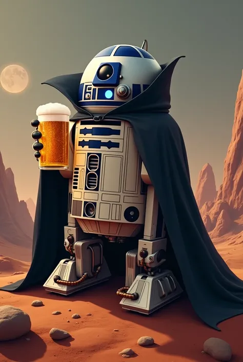 Make a picture of r2d2 in dracula costume drinking beer on mars with halloween theme