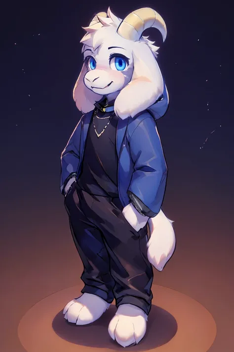 a boy, teenager, alone, Asriel, Undertale (Asriel Dreemurr), smile, eskimo coat (blue coat), tall, hairy, anthropomorphic, blue eyes (black shirt, black pants), goats foot, paw with metacarpus ((short tail, anthropomorphic tail, short tail, furry tail, goa...