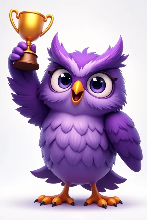 happy purple owl holding a small trophy