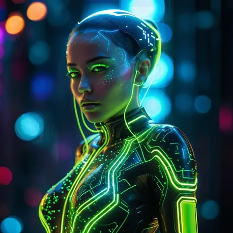 (girl floating weightless in an empty dark void, hair floating like underwater, neon makeup, eyes closed, onepiece spacesuit, neon fluorescent colors emanating from her:1.4), (embryonic pose:1.4), epiphany, ecstacy vibrant colors, fluorescent make-up, surr...