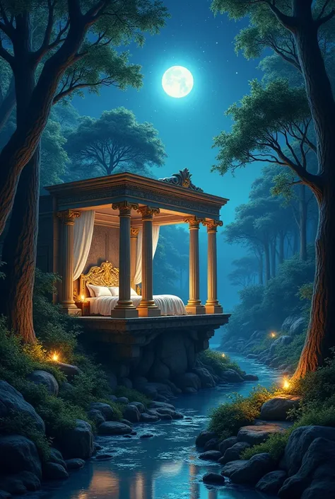 In a fantastic forest。night。Sparkling starry sky。Gorgeous Roman Bedroom。stream。mysterious