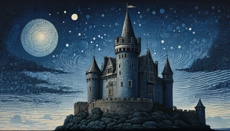 A gorgeous medieval blue castle, The turret reaches the sky, Depicted in the pointillist style of mezzotint prints，Highlights the texture and weathered surface of ancient stone carvings. Surrealism, 8K, Vibrant colors, Clear and sharp images