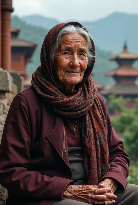 Nepali woman 78 years wearing muffler overhead with nepali temple , hill background, little darker theme , sitting telling story, smile face