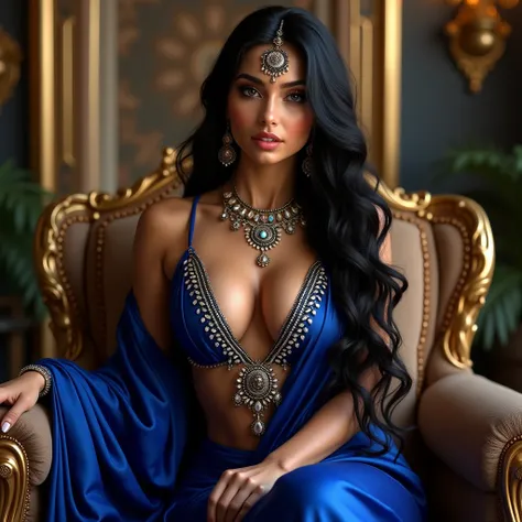 Sexy indian queen with lots of jwellery, revealing cleavage and her ass, long hairs, inside a lavish castle, provoking blue clothes, intimating, sensual, voluptuous