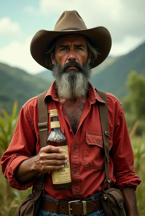 I want an image of a young man with a thick beard and a cowboy hat with a red shirt holding a bottle of very alcoholic cachaça 
