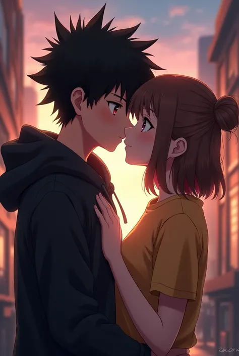 Anime boy ((( Spiky hair , black hair , black hoodie , red eyes , narrowed eye , handsome ))) , anime girl ((( purple eyes , brown hair , tied single bun hair style , yellow t shirt , blank t shirt ))) , matured , romantic , lip kiss , hug 