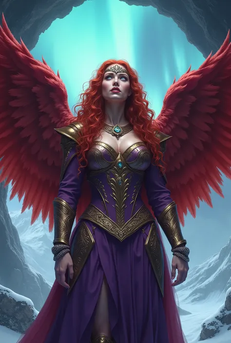 BEAUTIFUL WINGED RED HAIR VALKYRIE, LONG HUGE RED WINGS, RED FEATHERS, VERY PALE SKIN, VERY SOFT SKIN, HUGE LONG CURLY HAIR, VERY VOLUMOUS CURLY HAIR, GOLDEN TIARA, EXPRESSIVE TURCOISE BLUE EYES, LOOKING UP, HIGH CHEEKBONES, ROSY CHEEKS, MENTAL FORAMEN, GO...