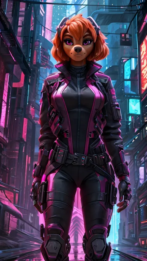 Skye from Paw Patrol, female cockapoo, mature adult, anthro, tall, cyberpunk, futuristic, cyborg, techwear jacket, red and black, standing, orange hair, magenta eyes, detailed, solo, beautiful, high quality, side front view, 4K