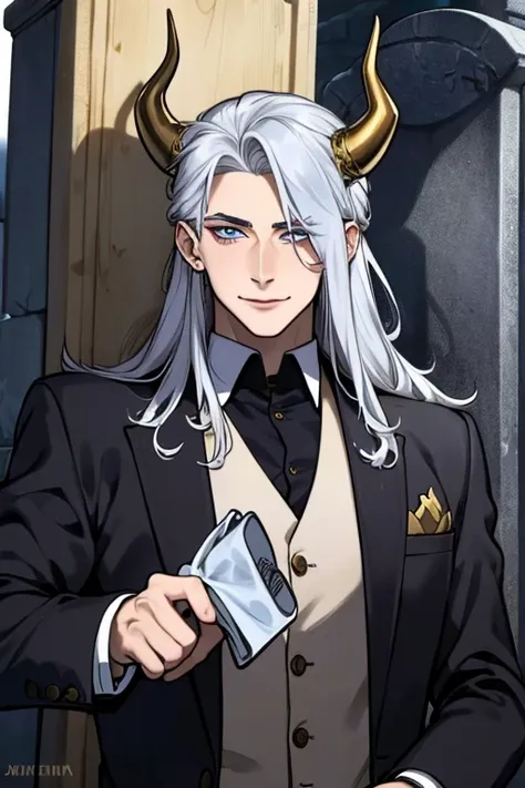 perfect face. perfect hands. a young silver haired man with golden eyes and golden horns in a cool suit is smiling while cleanin...