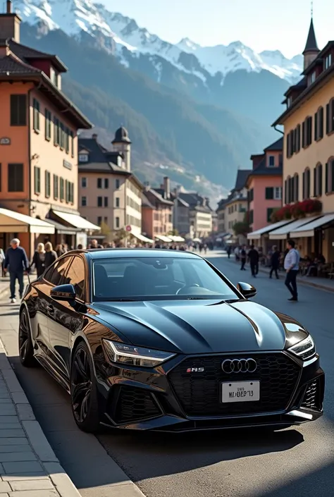 Audi rs6 in black from the bird&#39;s perspective and in the background a city in Switzerland 