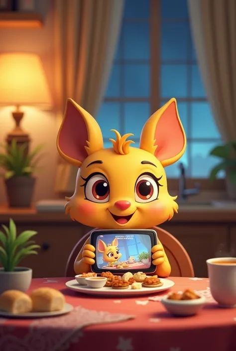 Cute cartoon eating at the table while watching TV series on mobile phone