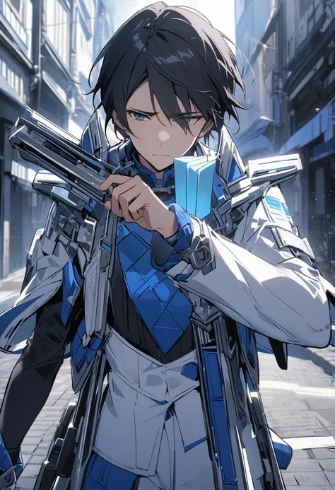 black haired, single boy, calming facial gesture, using silver metal cards as main weapons, white and blue themed outfit, in the middle of empty street