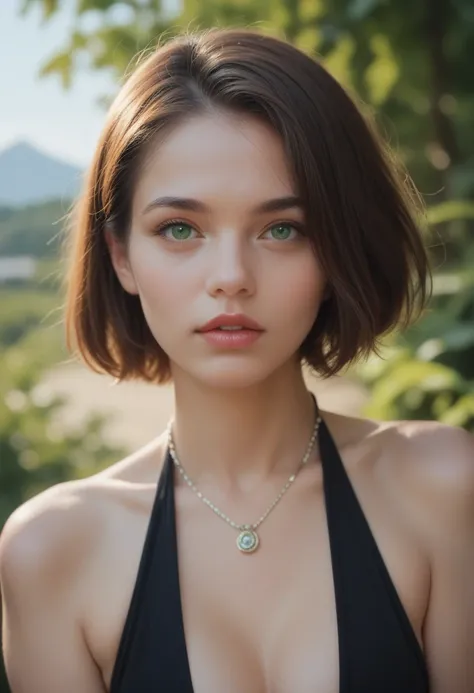 1girl, bare shoulders, blue sky, blurry, blurry background, breasts, day, depth of field, green eyes, halterneck, jewelry, lips, looking at viewer, necklace, nose, outdoors, parted lips, realistic, short hair, solo, upper body