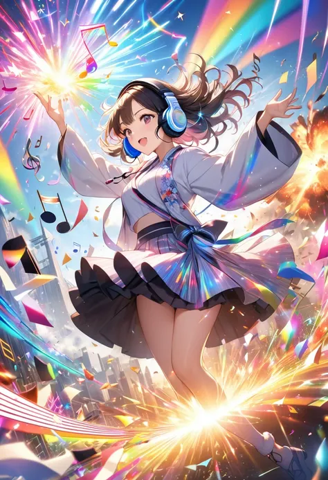 20 years old, young, Japanese woman, headphones, music, musical notes flying in the air and equalizer wavelengths, glittering material expresses dazzle, fantasy elements, must-have, gorgeous, vibrant, attractive, an explosion of fun, best quality, high res...