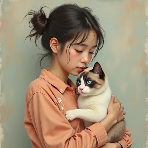 a , holding her birma cat with beautiful detailed blue eyes, her hair in disheveled pigtails with buns, wearing an apricot shirt with small flowers, surrounded by muted pastel colors, oil painting, (best quality,4k,8k,highres,masterpiece:1.2),ultra-detaile...